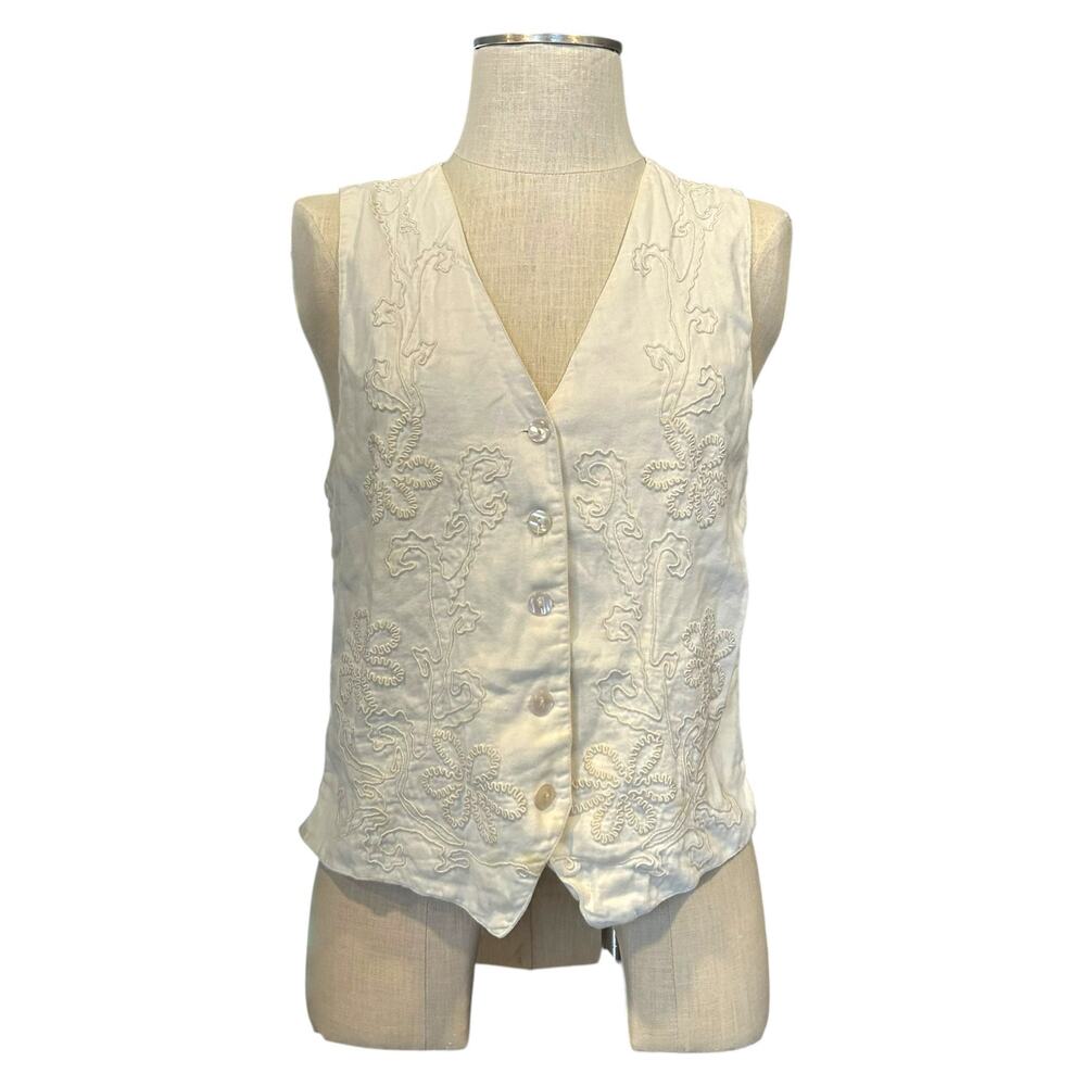 Vintage 90s Embroidered Cream Vest Sz M